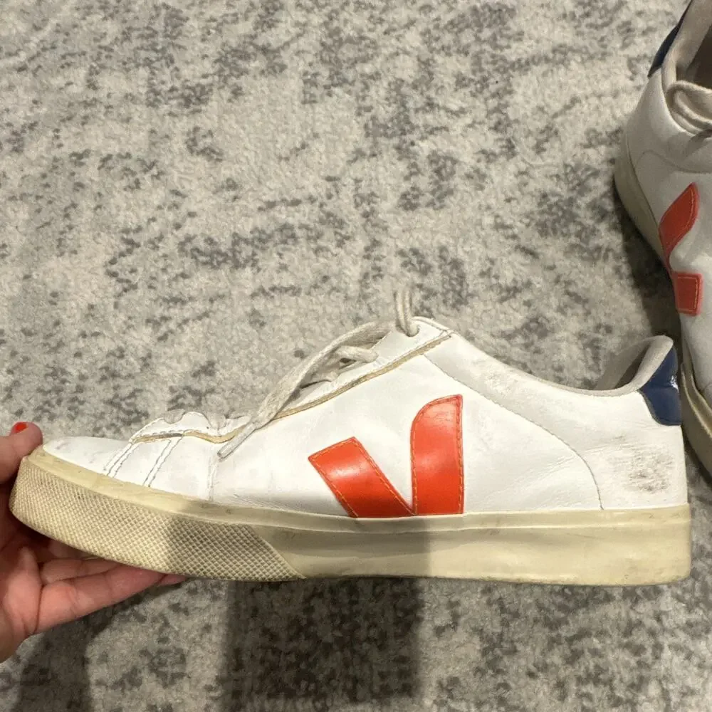 VEJA Leather Low Top Lace Up Sneakers White Orange V Logo Blue Heel Tab Men